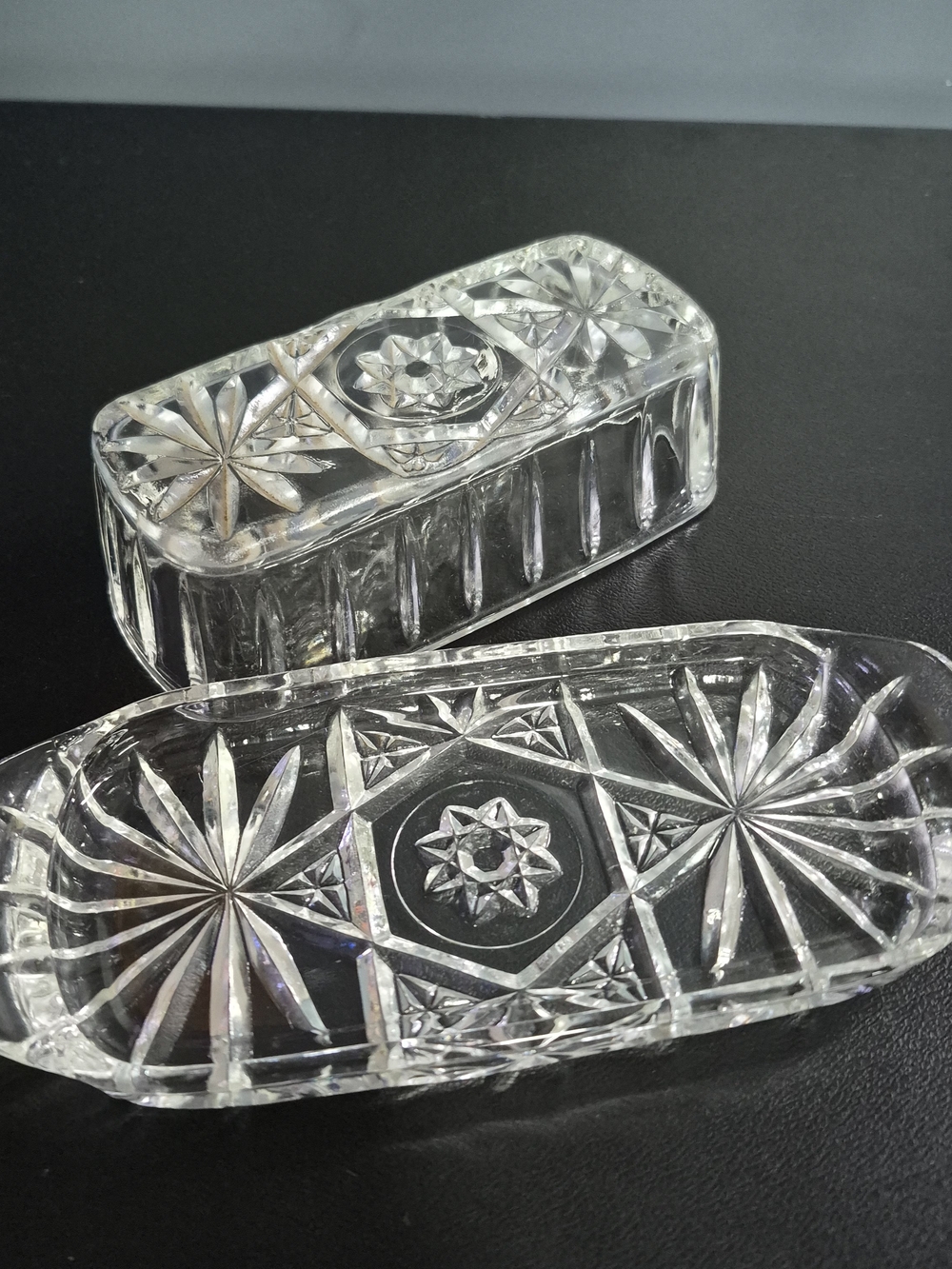Clear Cut Glass Decorative Trinket Box and Tray Set